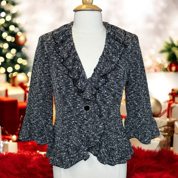 Cynthia Rowley Black/White Boucle Tweed Ruffle Collar Trim Jacket Blazer Size M - Picture 3 of 14